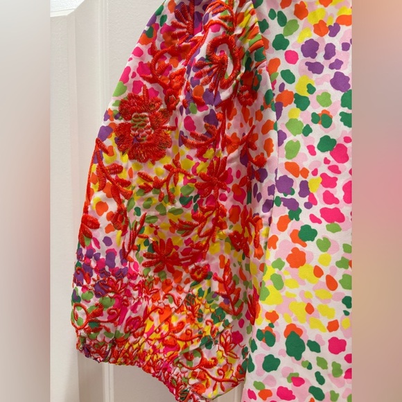 Colorful Ruffle Neck Blouse with Embroidered Puff Sleeves Boutique Printed - Picture 7 of 7